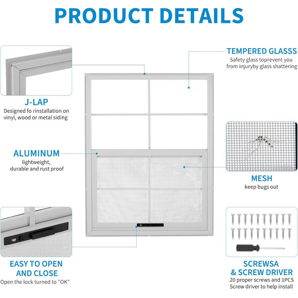 30x38 Basement Windows Sheds Window Small - White, Household Window Replacement, Vertical Sliding Window with Screen and Tempered Glass, Aluminum Ventilation Windows for Chicken Coops, Bathroom